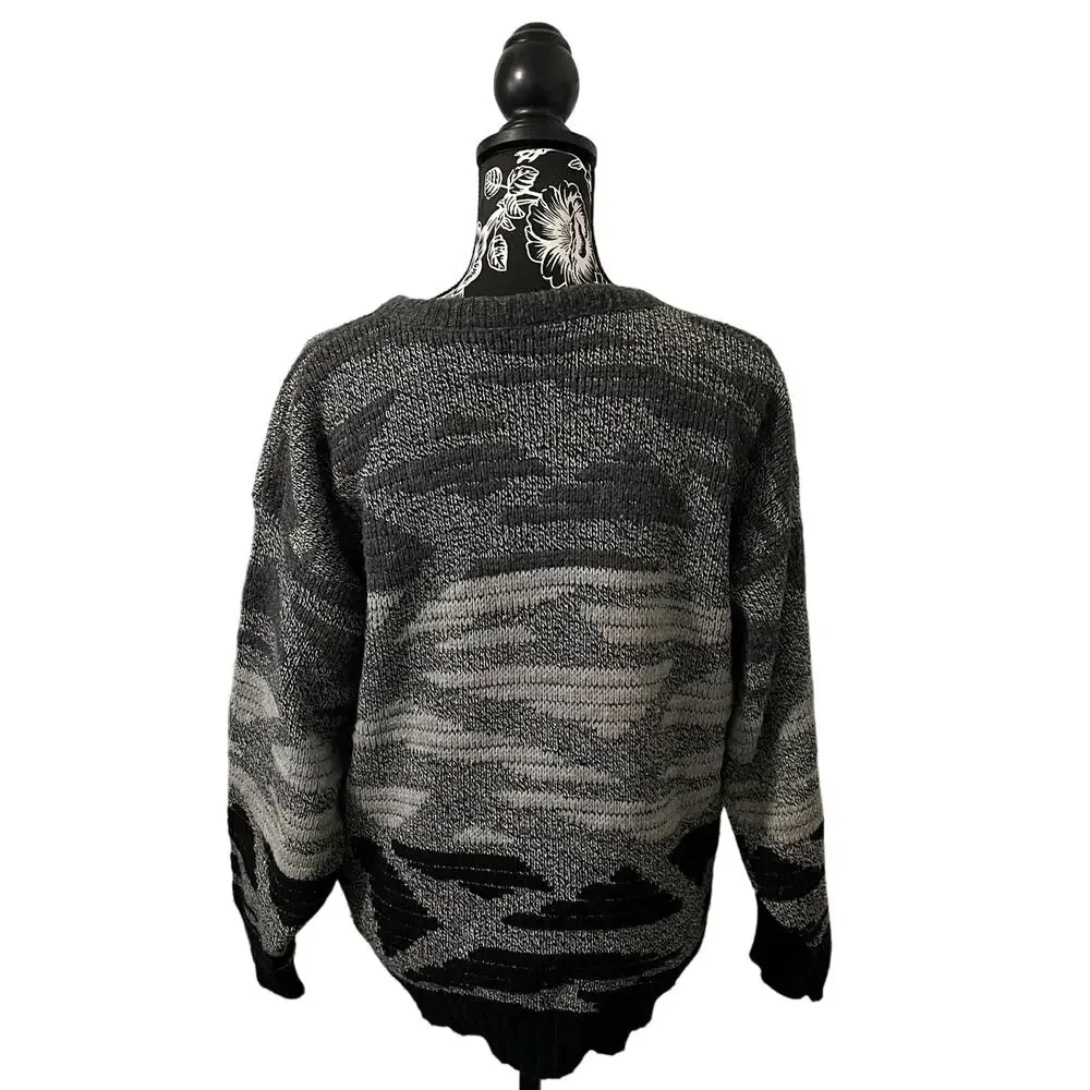 Vintage Van Cort Crewneck Sweater Gray Knit Geometric Retro Funky USA Large